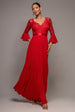 Goddiva Scalloped Lace Bodice Pleated Chiffon A Line Maxi Dress - Red