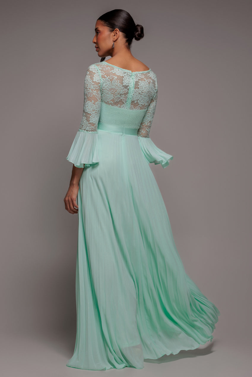Goddiva Scalloped Lace Bodice Pleated Chiffon A Line Maxi Dress - Mint Green
