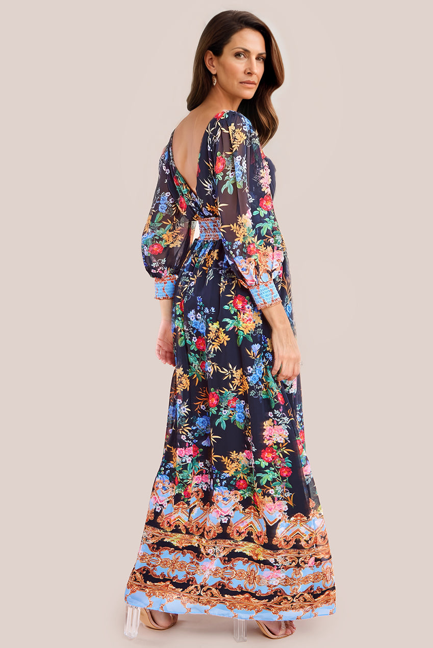 Goddiva Chiffon Wrap Border Floral Print Maxi Dress - Black