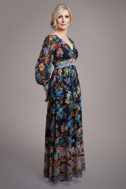 Goddiva Chiffon Wrap Border Floral Print Maxi Dress - Black