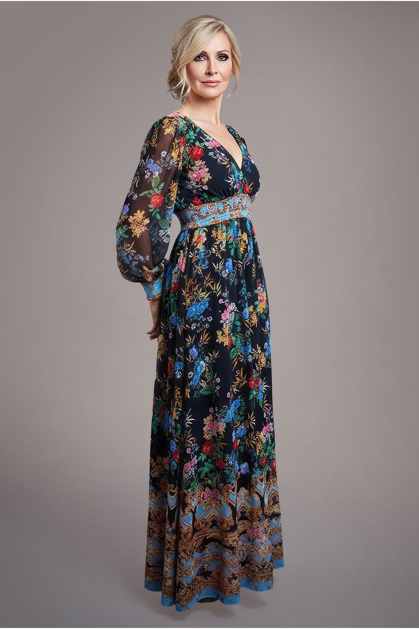 Goddiva Chiffon Wrap Border Floral Print Maxi Dress - Black