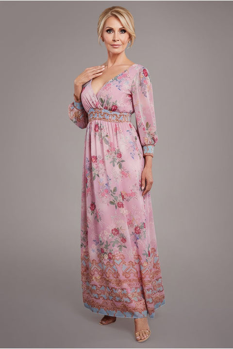 Goddiva Chiffon Wrap Border Floral Print Maxi Dress - Pink