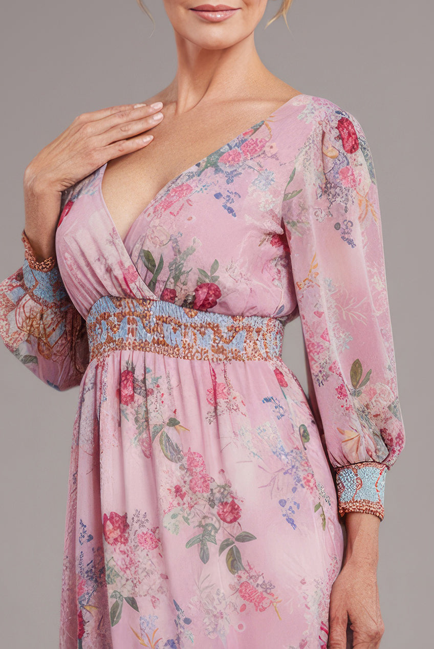 Goddiva Chiffon Wrap Border Floral Print Maxi Dress - Pink