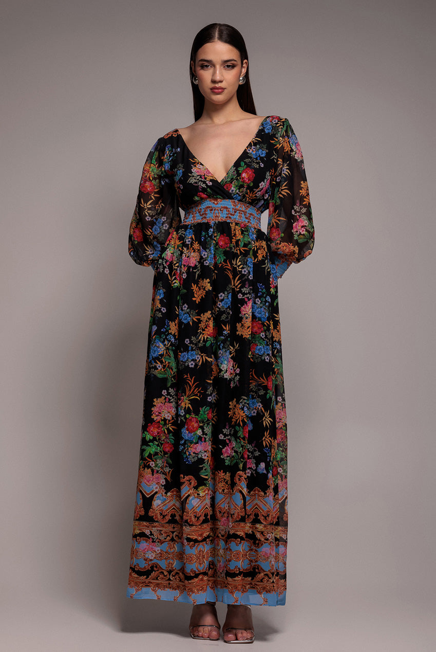 Goddiva Chiffon Wrap Border Floral Print Maxi Dress - Black