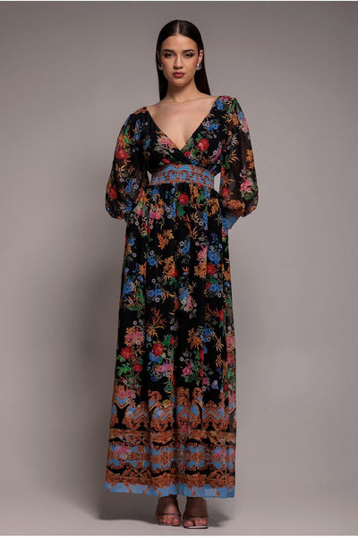 Black - Goddiva Chiffon Wrap Border Floral Print Maxi Dress - Black