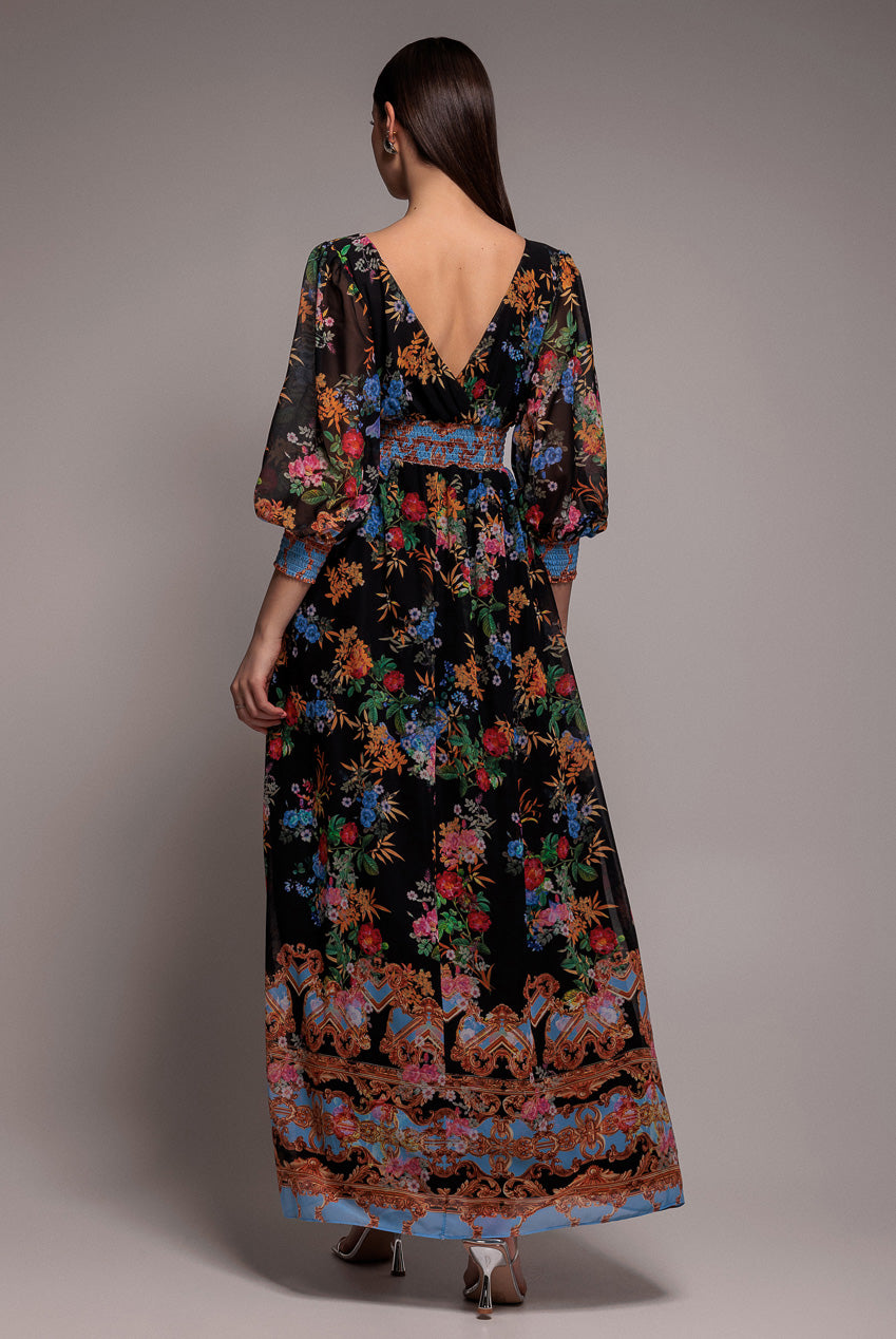 Goddiva Chiffon Wrap Border Floral Print Maxi Dress - Black
