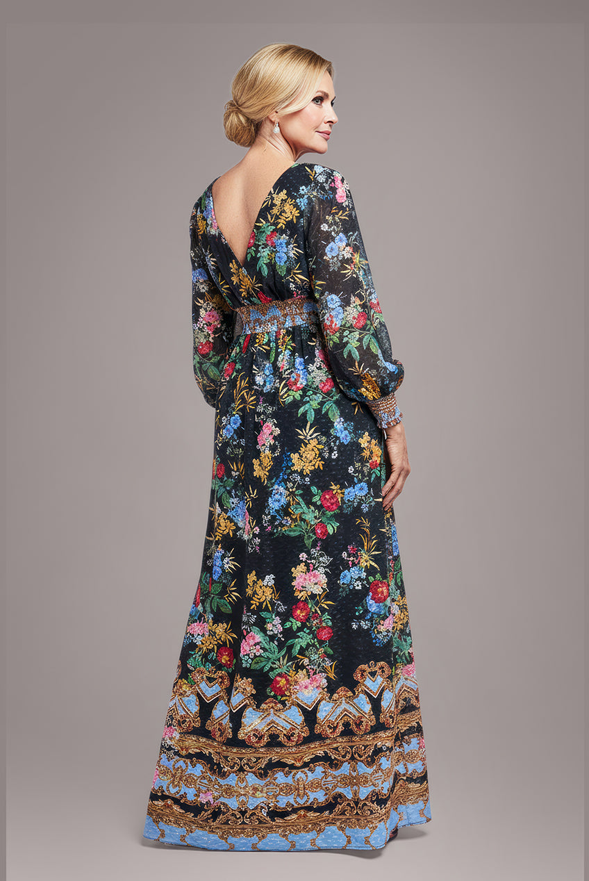 Goddiva Chiffon Wrap Border Floral Print Maxi Dress - Black