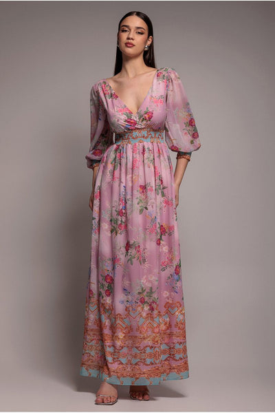 Pink - Goddiva Chiffon Wrap Border Floral Print Maxi Dress - Pink
