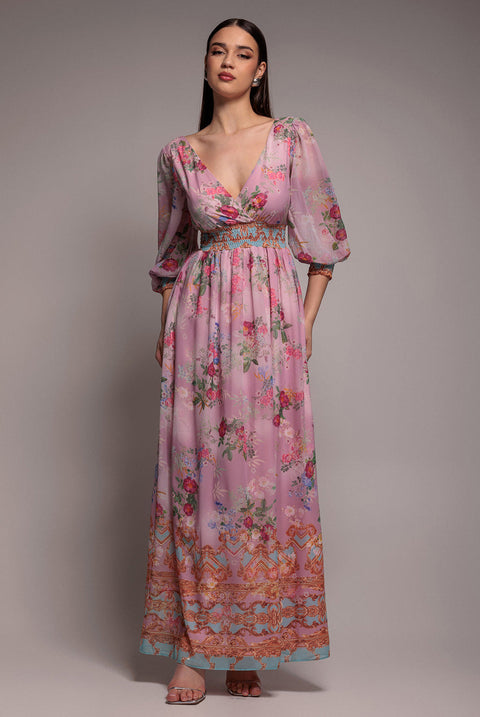 Goddiva Chiffon Wrap Border Floral Print Maxi Dress - Pink