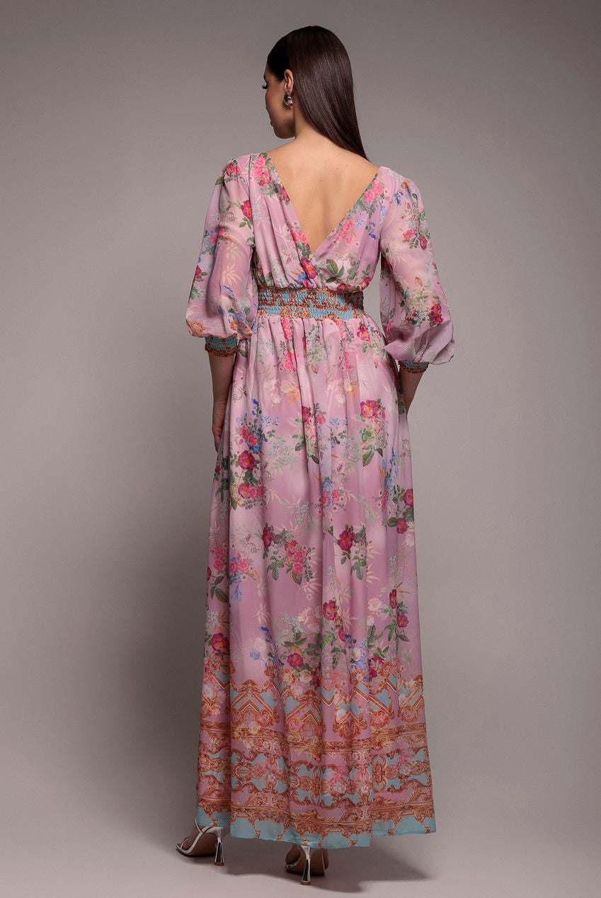 Goddiva Chiffon Wrap Border Floral Print Maxi Dress - Pink