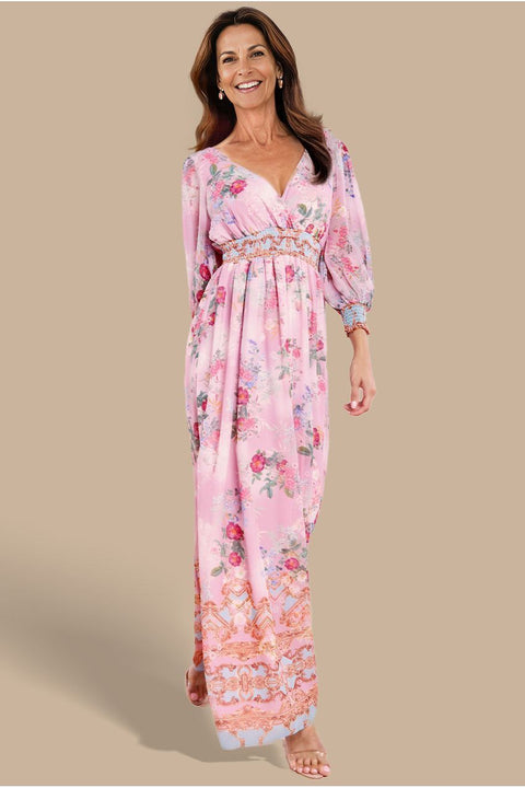 Goddiva Chiffon Wrap Border Floral Print Maxi Dress - Pink