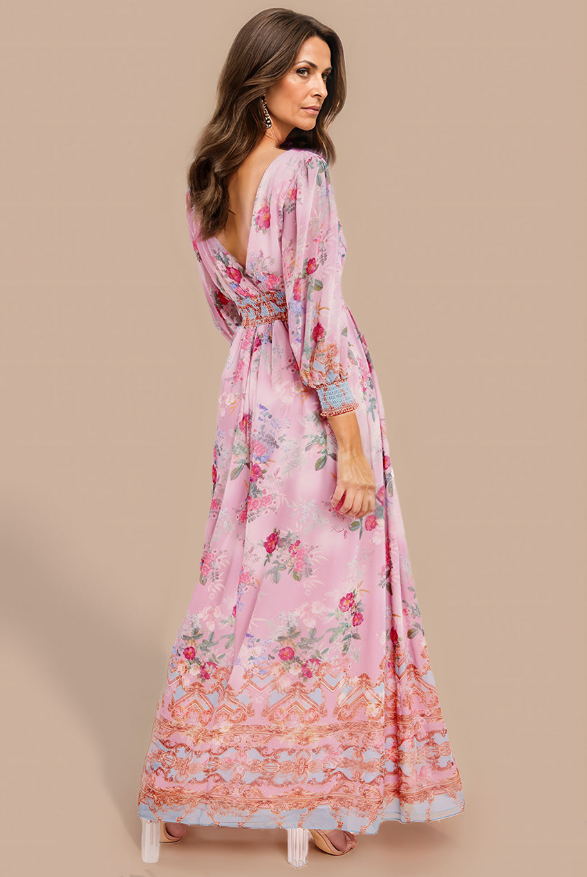 Goddiva Chiffon Wrap Border Floral Print Maxi Dress - Pink