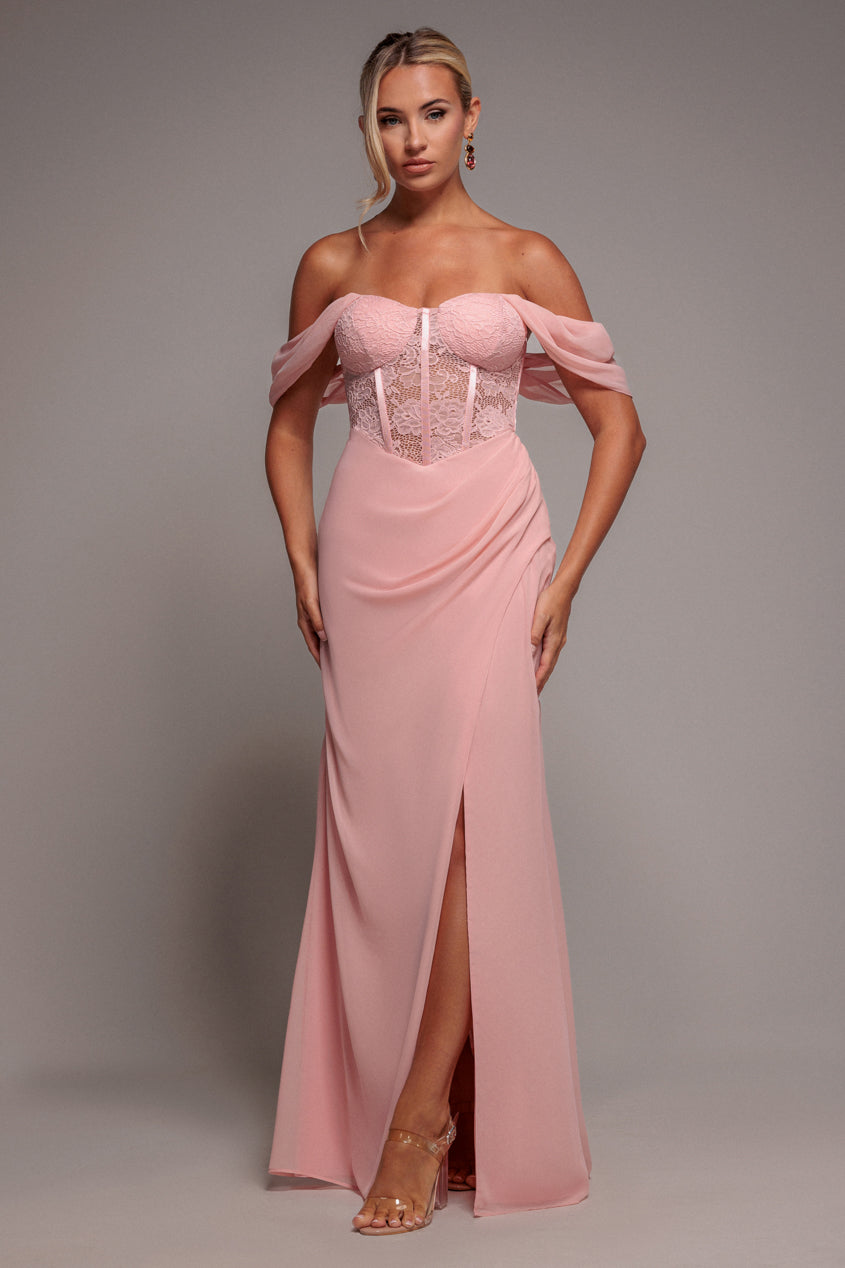 Goddiva Scalloped Lace & Chiffon Winged Corset Bodice Maxi Dress - Blush Pink