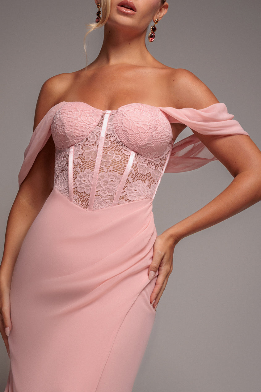 Goddiva Scalloped Lace & Chiffon Winged Corset Bodice Maxi Dress - Blush Pink