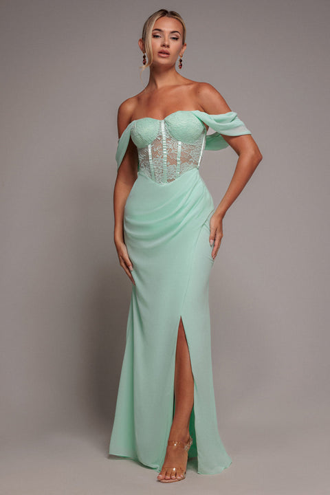 Goddiva Scalloped Lace & Chiffon Winged Corset Bodice Maxi Dress - Mint Green