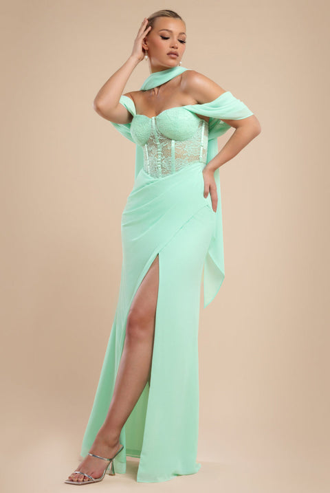 Goddiva Scalloped Lace & Chiffon Winged Corset Bodice Maxi Dress - Mint Green