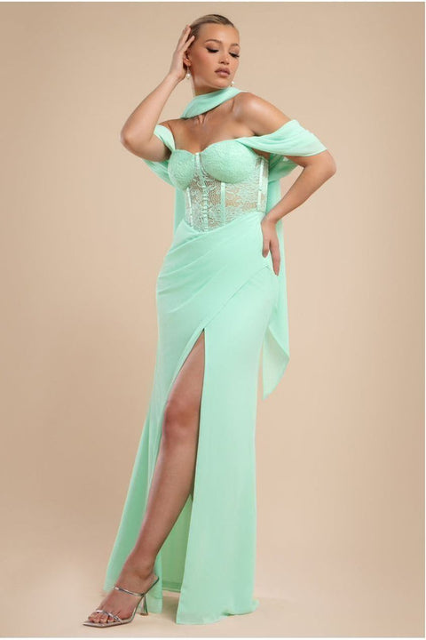 Goddiva Scalloped Lace & Chiffon Winged Corset Bodice Maxi Dress - Mint Green