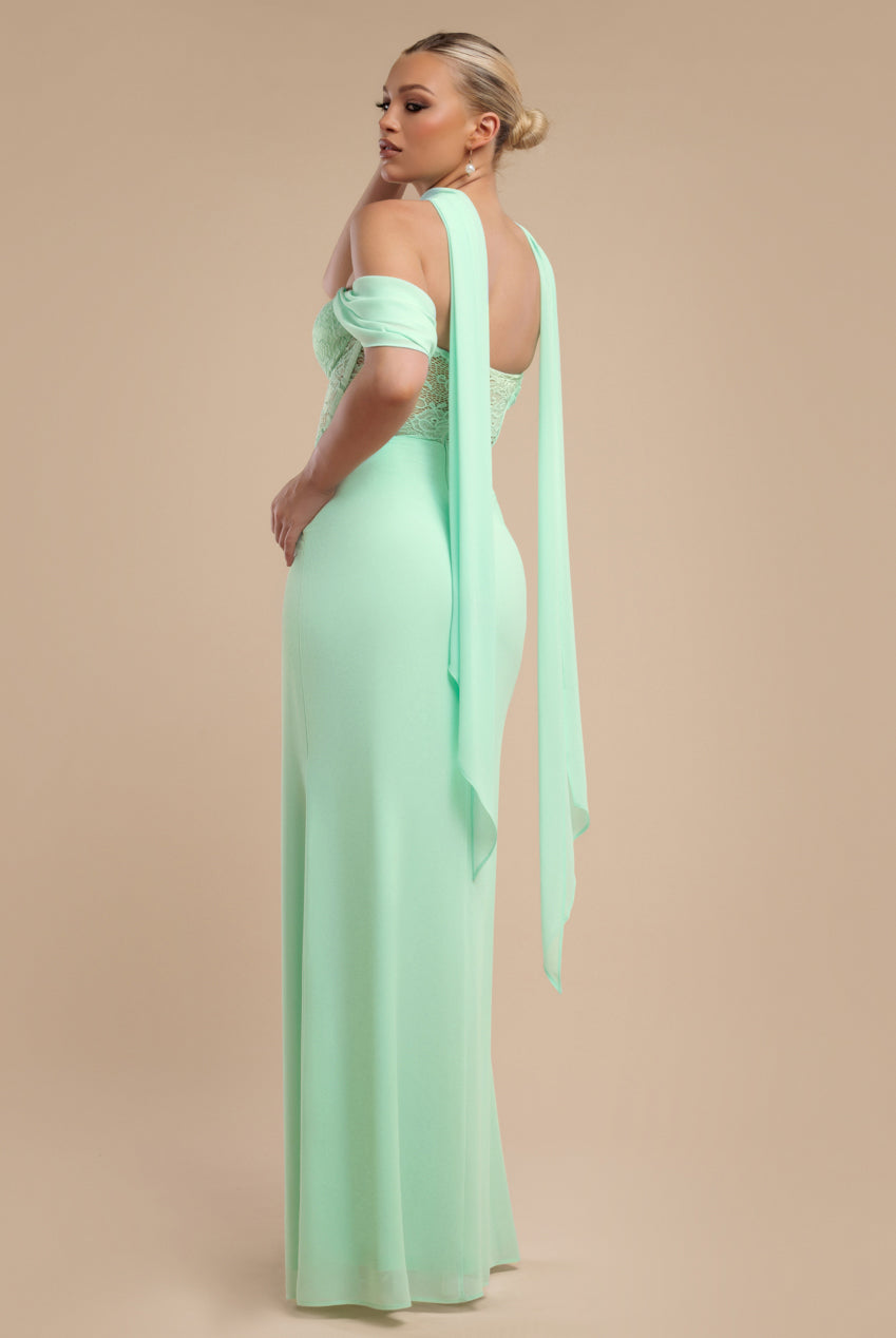 Goddiva Scalloped Lace & Chiffon Winged Corset Bodice Maxi Dress - Mint Green