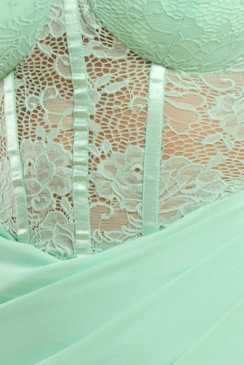 Goddiva Scalloped Lace & Chiffon Winged Corset Bodice Maxi Dress - Mint Green