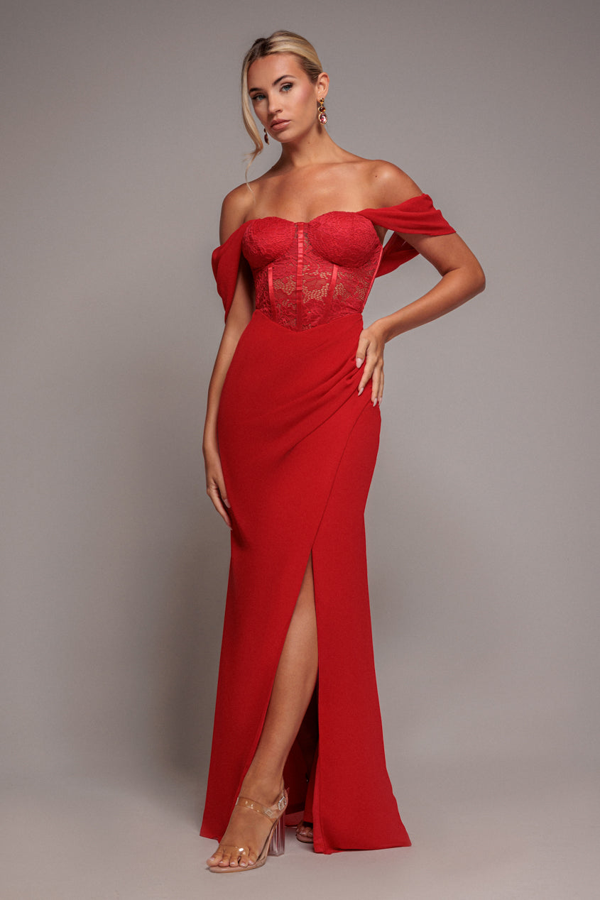 Goddiva Scalloped Lace & Chiffon Winged Corset Bodice Maxi Dress - Red