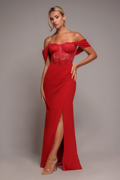 Red - Goddiva Scalloped Lace & Chiffon Winged Corset Bodice Maxi Dress - Red