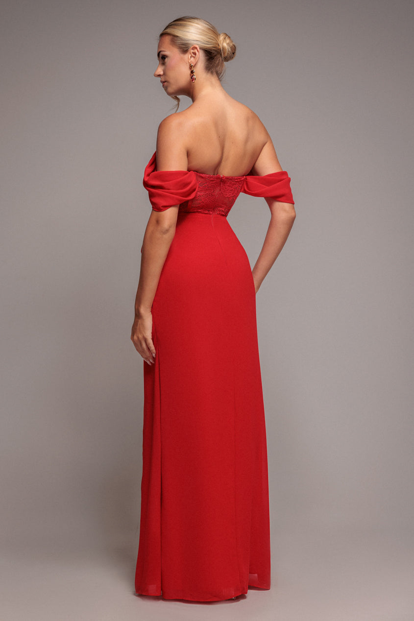 Goddiva Scalloped Lace & Chiffon Winged Corset Bodice Maxi Dress - Red