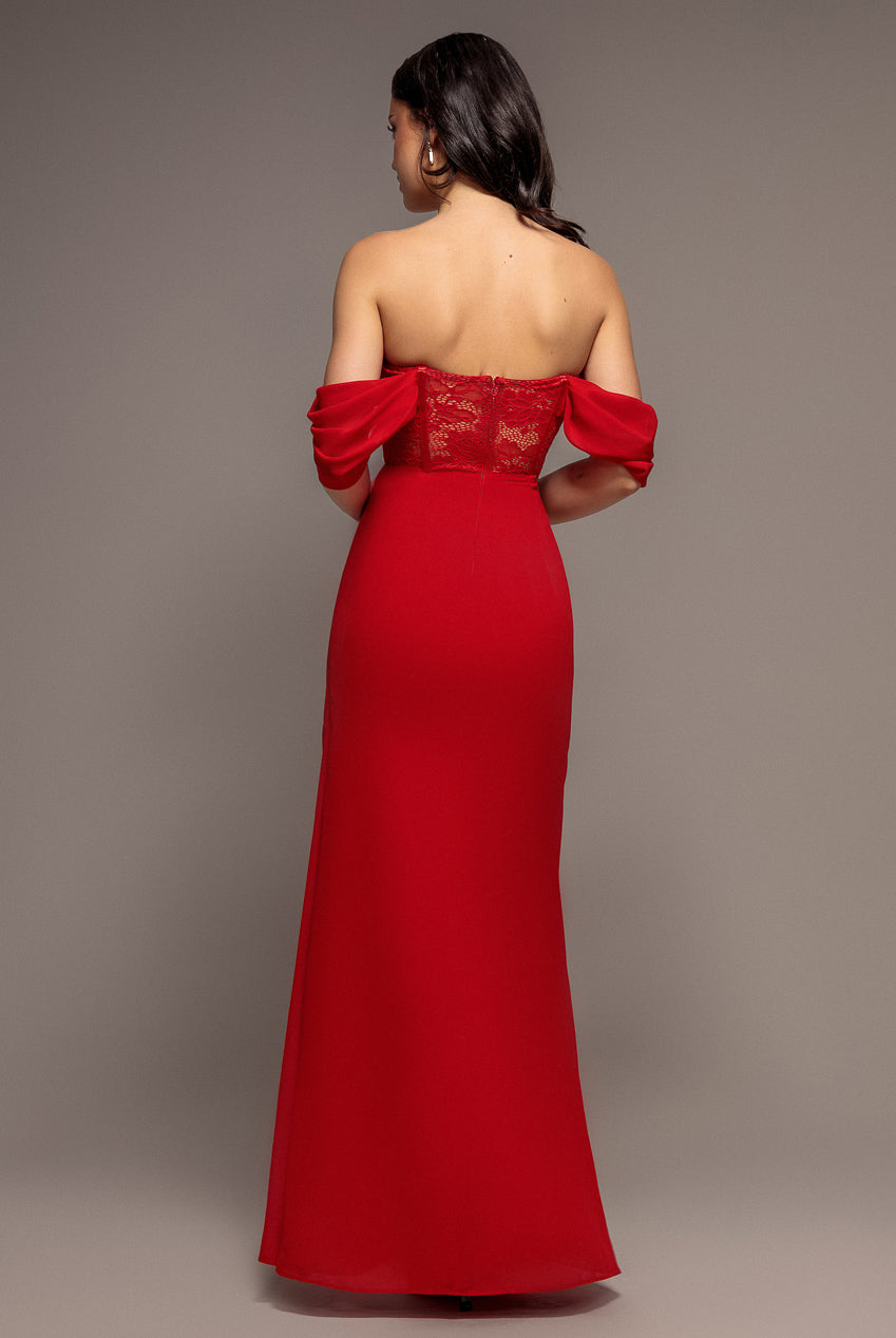 Goddiva Scalloped Lace & Chiffon Winged Corset Bodice Maxi Dress - Red