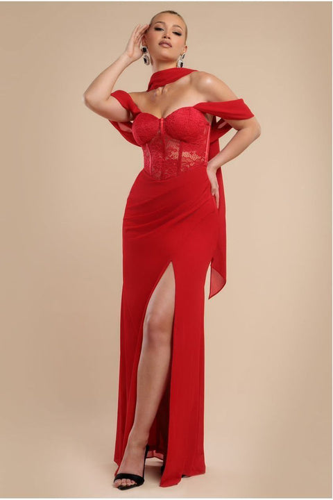 Goddiva Scalloped Lace & Chiffon Winged Corset Bodice Maxi Dress - Red