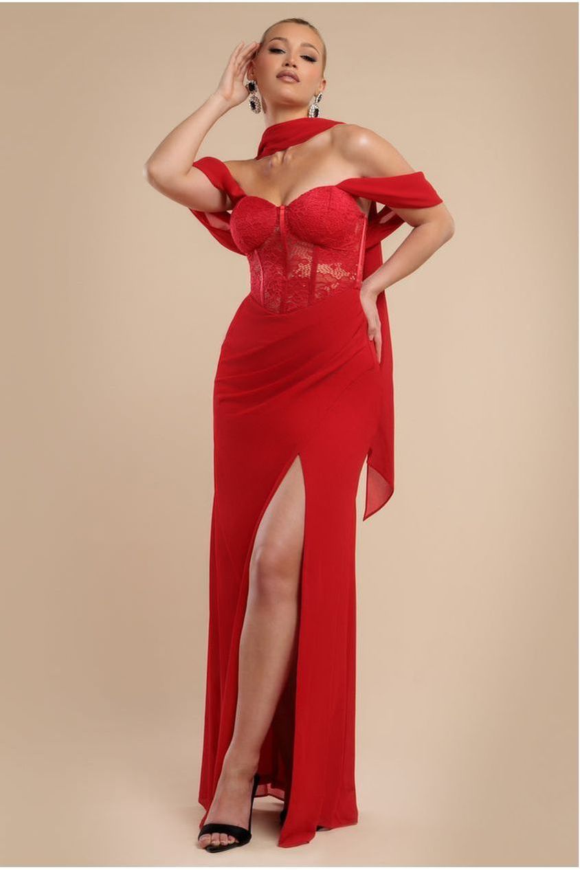 Goddiva Scalloped Lace & Chiffon Winged Corset Bodice Maxi Dress - Red