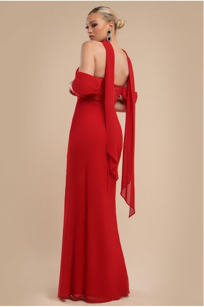 Goddiva Scalloped Lace & Chiffon Winged Corset Bodice Maxi Dress - Red