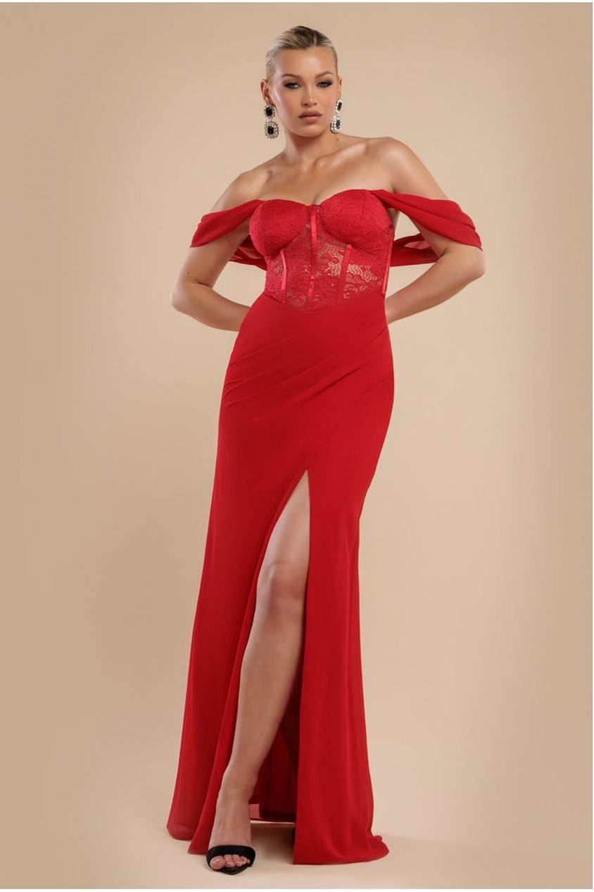 Goddiva Scalloped Lace & Chiffon Winged Corset Bodice Maxi Dress - Red