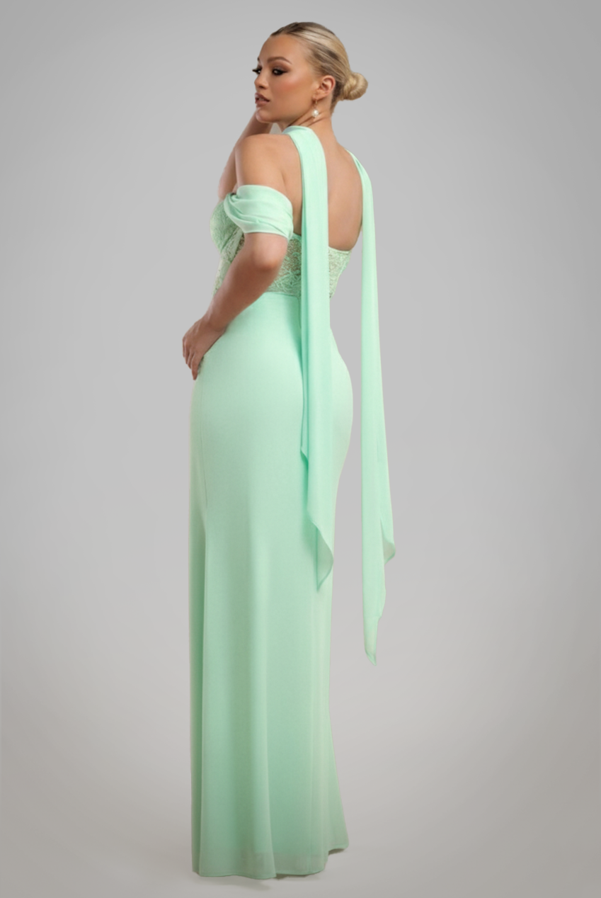 Goddiva Scalloped Lace & Chiffon Winged Corset Bodice Maxi Dress - Mint Green