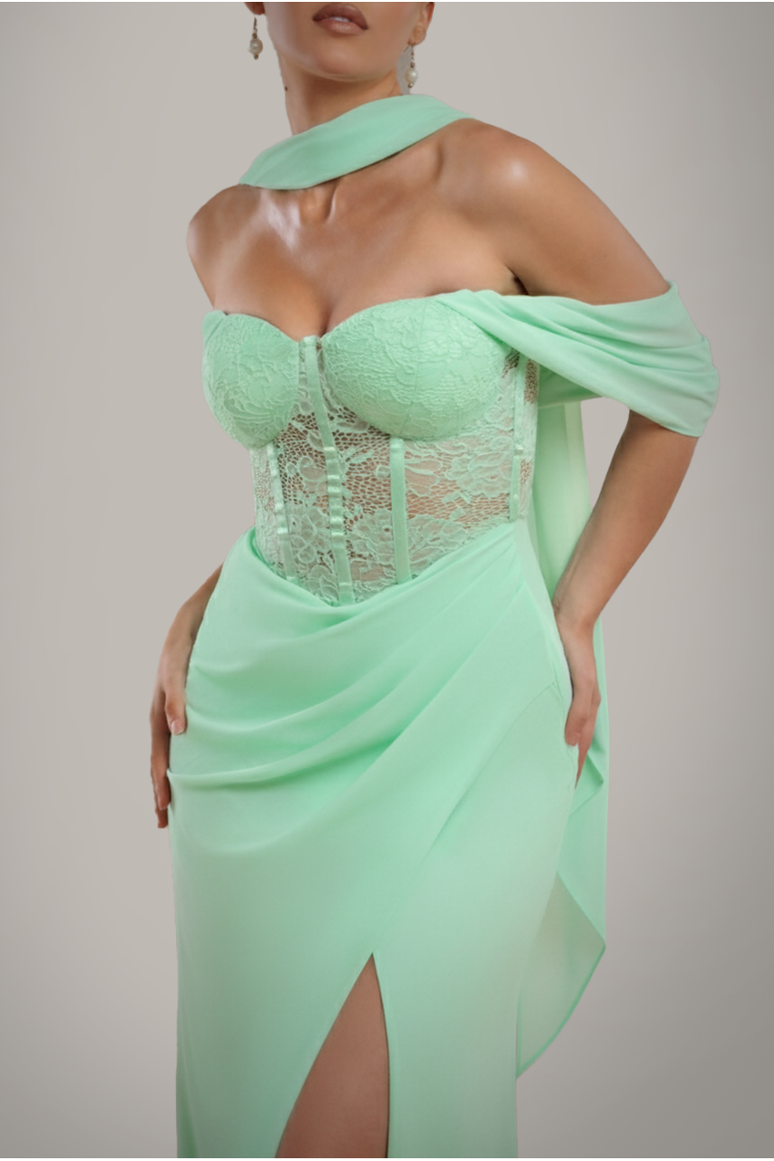 Goddiva Scalloped Lace & Chiffon Winged Corset Bodice Maxi Dress - Mint Green