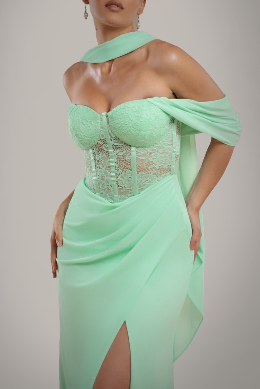 Goddiva Scalloped Lace & Chiffon Winged Corset Bodice Maxi Dress - Mint Green