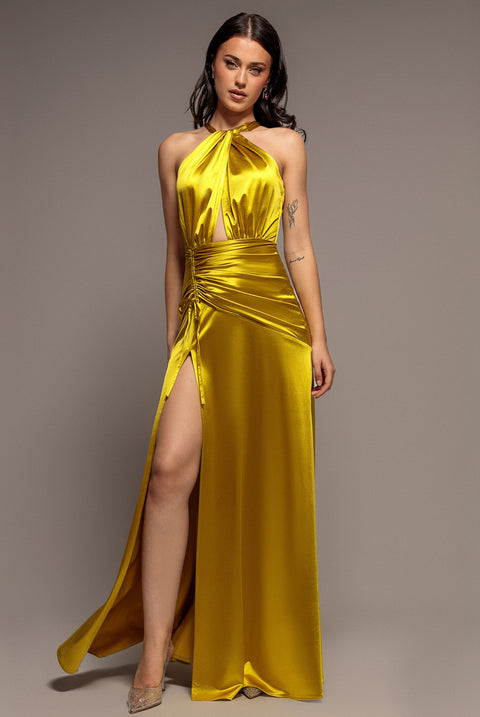 Goddiva Halter Neck Front Split Satin Maxi Dress - Lime Green
