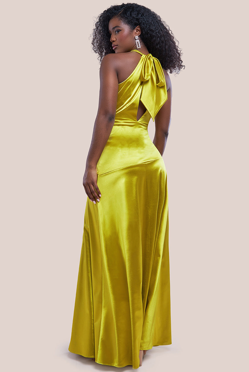 Goddiva Halter Neck Front Split Satin Maxi Dress - Lime