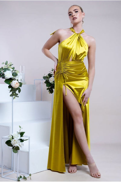 Lime - Goddiva Halter Neck Front Split Satin Maxi Dress - Lime Green