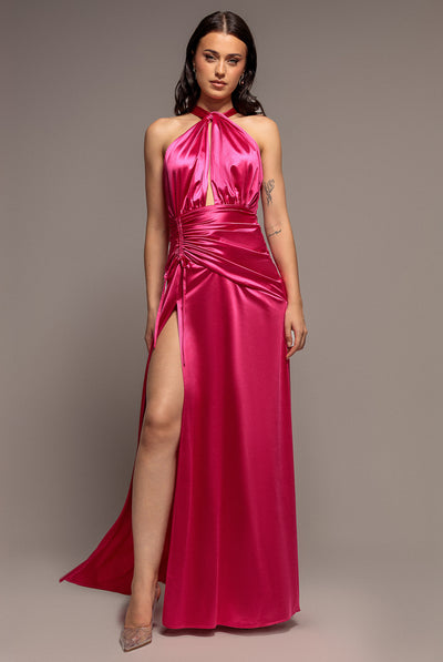 Magenta - Goddiva Halter Neck Front Split Satin Maxi Dress - Magenta