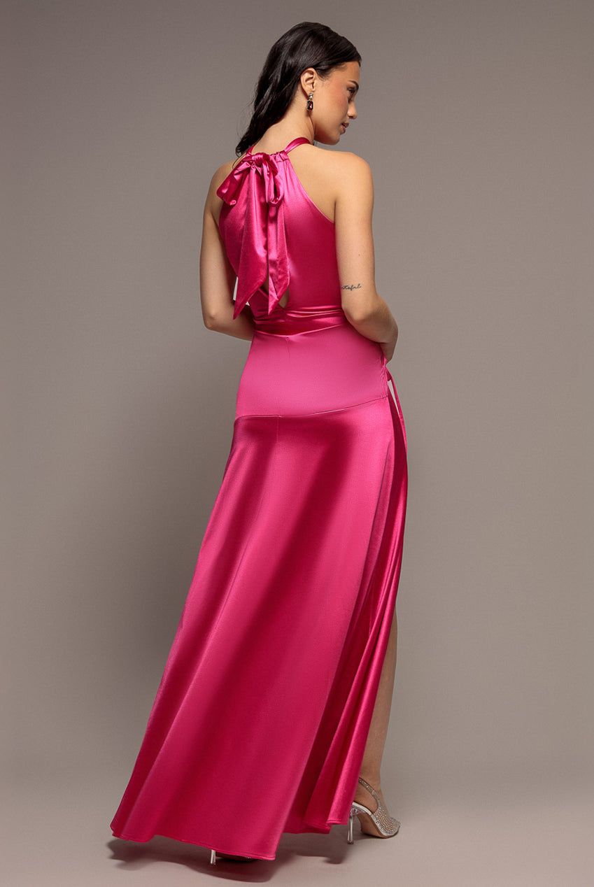 Goddiva Halter Neck Front Split Satin Maxi Dress - Magenta