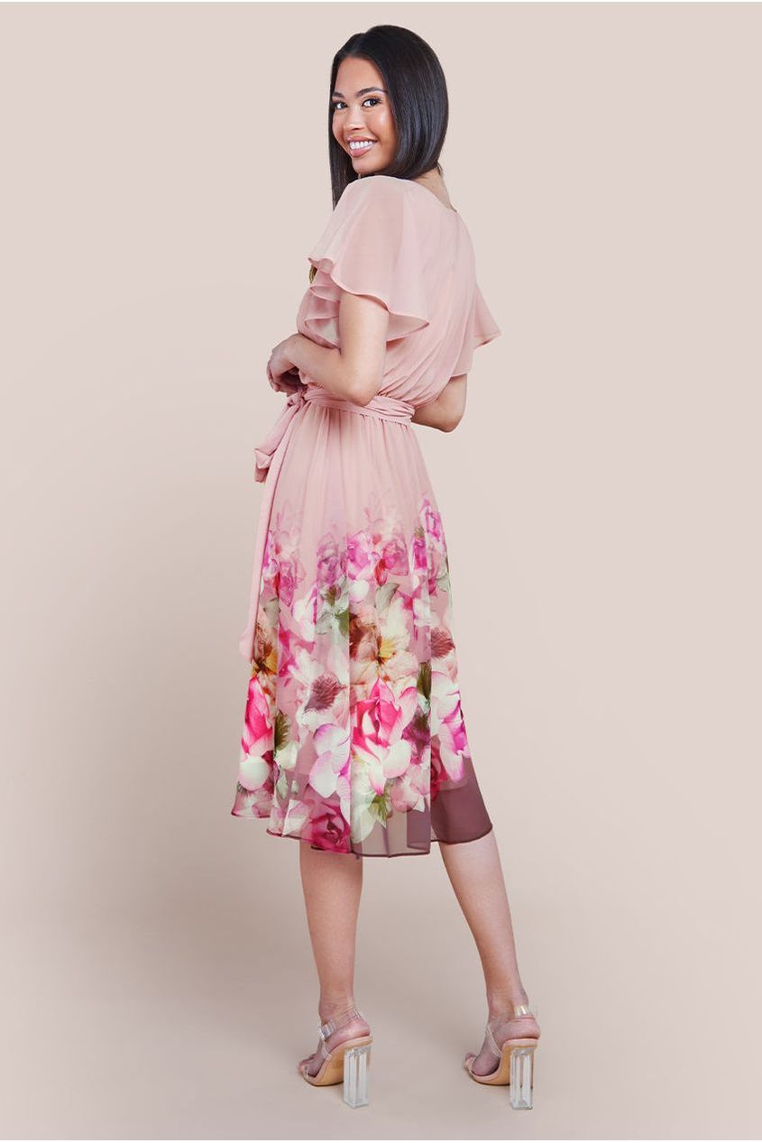 Goddiva Chiffon Floral Border Print Midi Dress - Blush