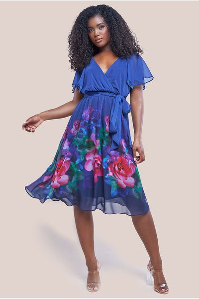 Navy - Goddiva Chiffon Floral Border Print Midi Dress - Navy