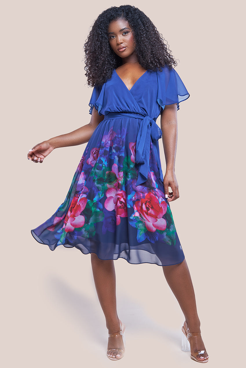 Goddiva Chiffon Wrap Floral Skirt Midi Dress - Navy