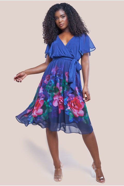 Goddiva Chiffon Floral Border Print Midi Dress - Navy