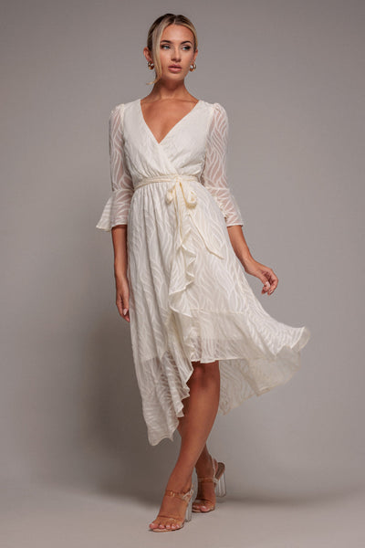 Cream - Goddiva Chiffon Geo-Wave Front Frill Wrap Midi Dress - Cream