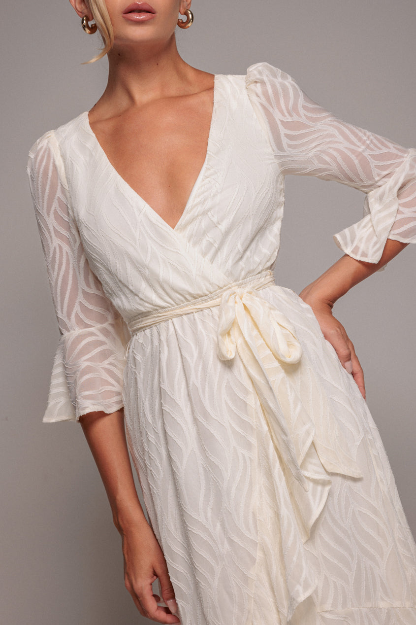 Goddiva Chiffon Geo-Wave Front Frill Wrap Midi Dress - Cream