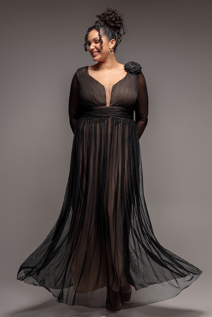 Goddiva Plus Corsage Dobby Mesh A-Line Maxi Dress - Black