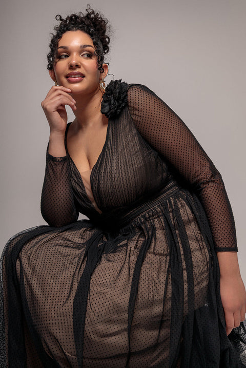 Goddiva Plus Corsage Dobby Mesh A-Line Maxi Dress - Black