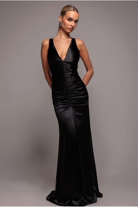Goddiva Multi-Tied Satin Gathered Ring Maxi Dress - Black