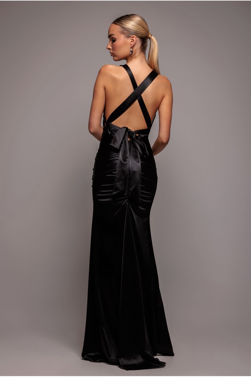 Goddiva Multi-Tied Satin Gathered Ring Maxi Dress - Black