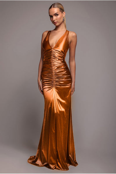 Bronze - Goddiva Multi-Tied Satin Gathered Ring Maxi Dress - Bronze